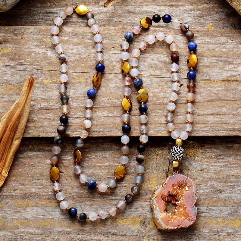 Boho Natural Stones Onyx Gold Beads Druzy Nepal Pendant Necklaces Handmade Gilded Drusy Women Lariat Collar Jewelry Dropship 0 DaMina Store Champagne 