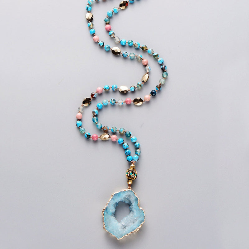 Boho Natural Stones Onyx Gold Beads Druzy Nepal Pendant Necklaces Handmade Gilded Drusy Women Lariat Collar Jewelry Dropship 0 DaMina Store L Blue 