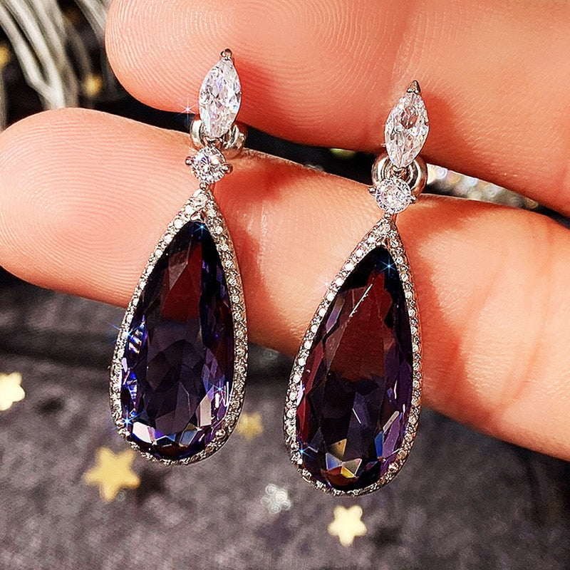 Huitan Big Teardrop Purple CZ Stone Drop Earrings High Quality Silver Color Gorgeous Women Accessories Wedding Trend Hot Jewelry 0 DaMina Store 