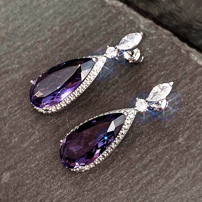 Huitan Big Teardrop Purple CZ Stone Drop Earrings High Quality Silver Color Gorgeous Women Accessories Wedding Trend Hot Jewelry 0 DaMina Store 