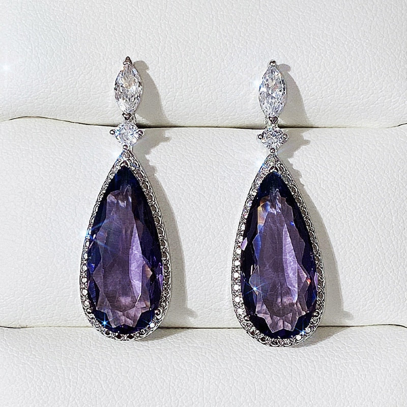 Huitan Big Teardrop Purple CZ Stone Drop Earrings High Quality Silver Color Gorgeous Women Accessories Wedding Trend Hot Jewelry 0 DaMina Store 