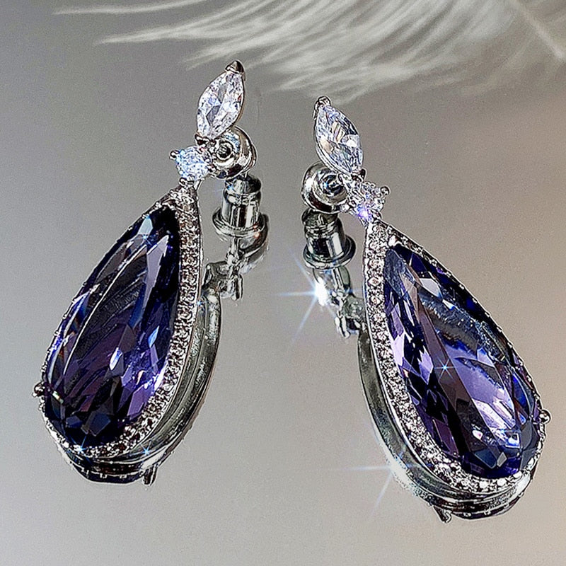 Huitan Big Teardrop Purple CZ Stone Drop Earrings High Quality Silver Color Gorgeous Women Accessories Wedding Trend Hot Jewelry 0 DaMina Store 