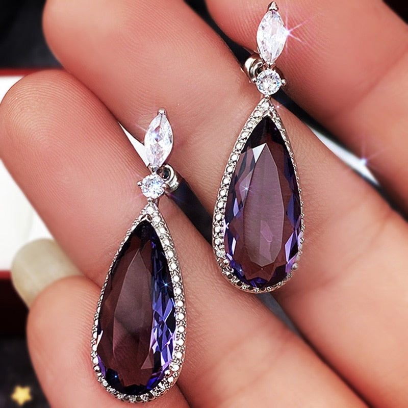 Huitan Big Teardrop Purple CZ Stone Drop Earrings High Quality Silver Color Gorgeous Women Accessories Wedding Trend Hot Jewelry 0 DaMina Store 