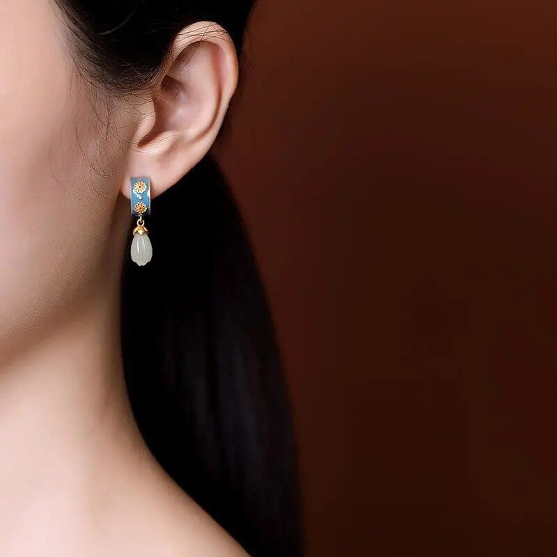 Original design natural Hetian jade ancient style creative earrings Chinese retro charm women silver jewelry 0 DaMina Store 