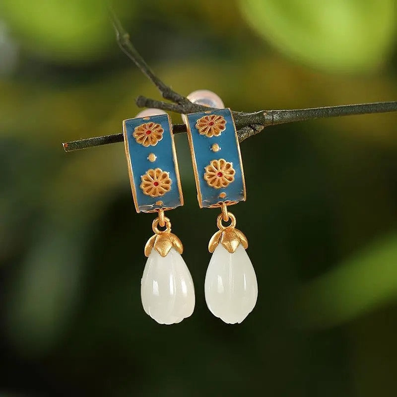 Original design natural Hetian jade ancient style creative earrings Chinese retro charm women silver jewelry 0 DaMina Store 