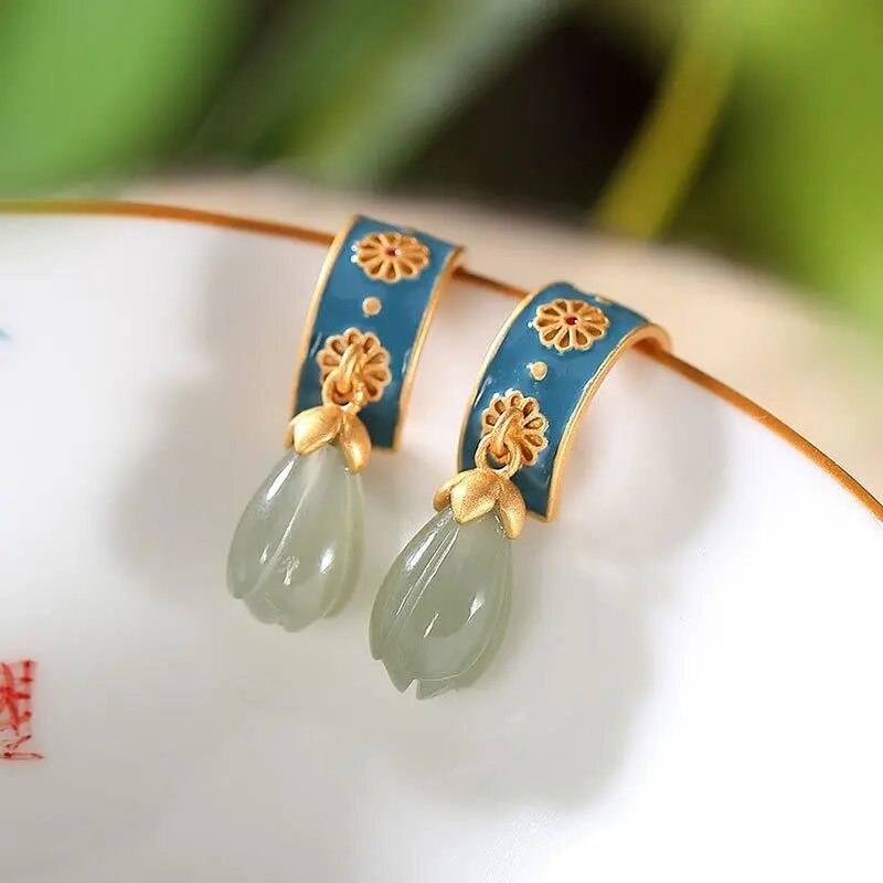Original design natural Hetian jade ancient style creative earrings Chinese retro charm women silver jewelry 0 DaMina Store Green 