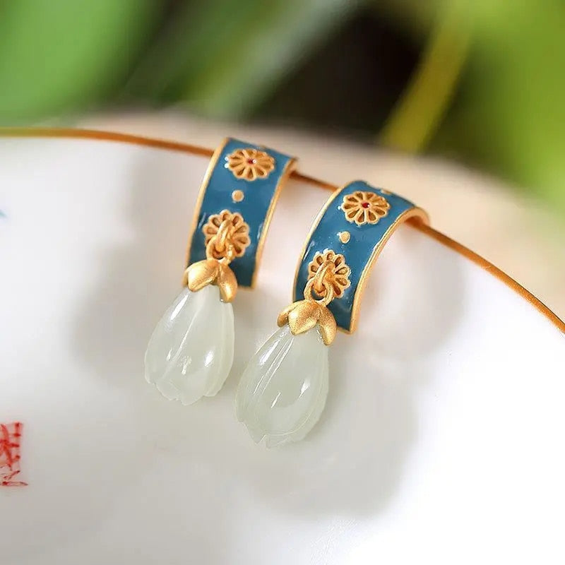 Original design natural Hetian jade ancient style creative earrings Chinese retro charm women silver jewelry 0 DaMina Store White 