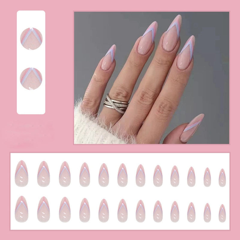 Simple French Wearable False Nails Almond Colorful Stripes Colorblock Design Manicure Fake Nails Line Full Cover Press On Nail 0 DaMina Store 10 