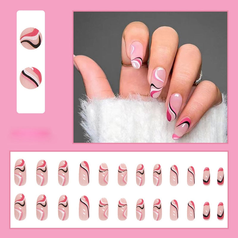 Simple French Wearable False Nails Almond Colorful Stripes Colorblock Design Manicure Fake Nails Line Full Cover Press On Nail 0 DaMina Store 11 
