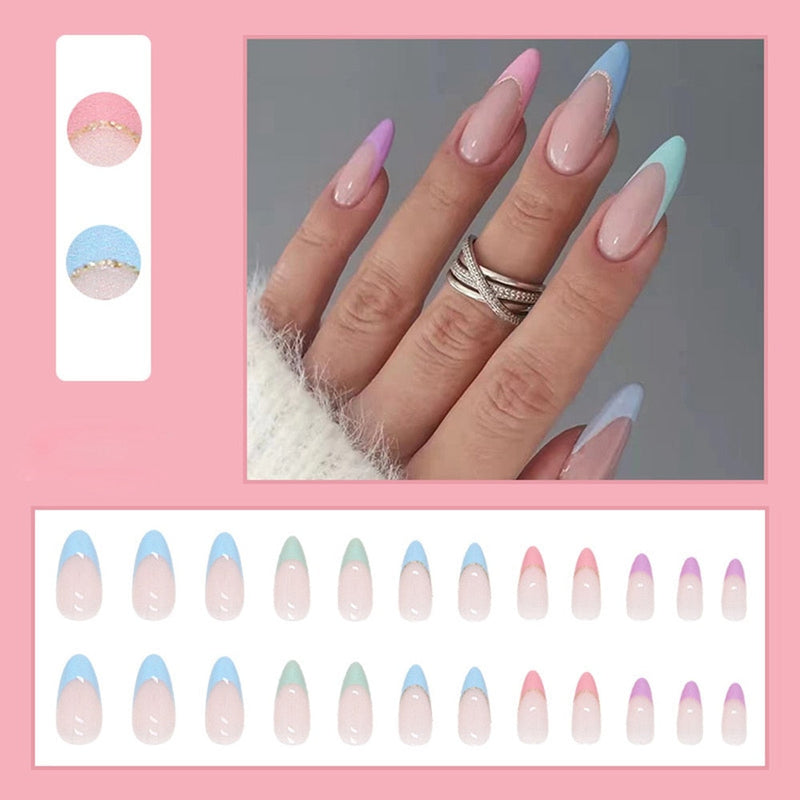 Simple French Wearable False Nails Almond Colorful Stripes Colorblock Design Manicure Fake Nails Line Full Cover Press On Nail 0 DaMina Store 12 