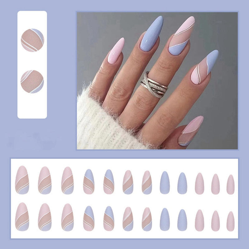 Simple French Wearable False Nails Almond Colorful Stripes Colorblock Design Manicure Fake Nails Line Full Cover Press On Nail 0 DaMina Store 2 