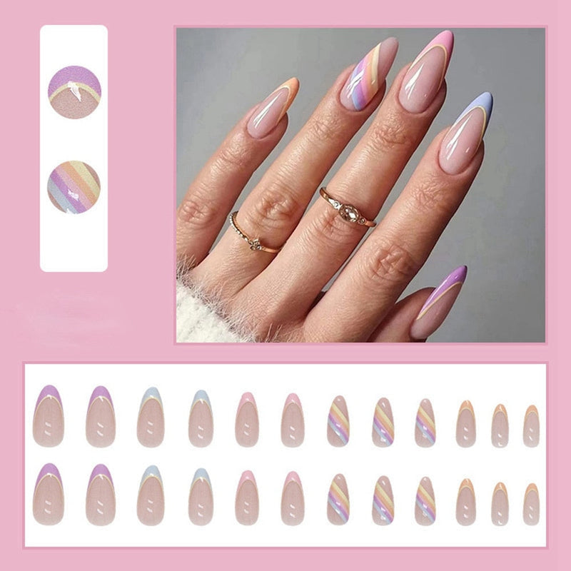 Simple French Wearable False Nails Almond Colorful Stripes Colorblock Design Manicure Fake Nails Line Full Cover Press On Nail 0 DaMina Store 4 