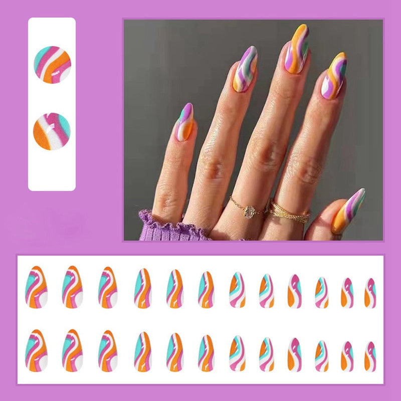 Simple French Wearable False Nails Almond Colorful Stripes Colorblock Design Manicure Fake Nails Line Full Cover Press On Nail 0 DaMina Store 6 