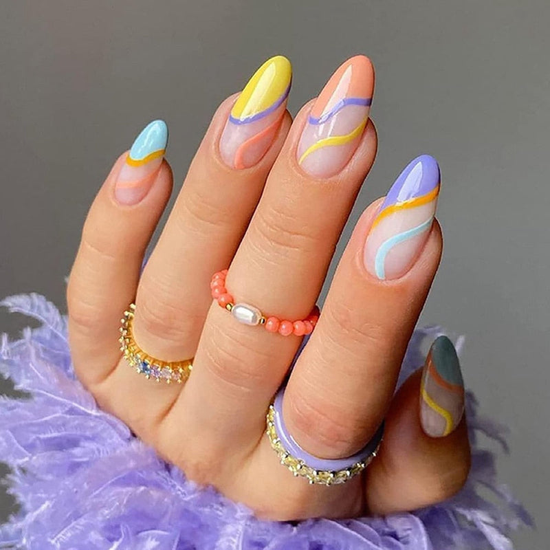 Simple French Wearable False Nails Almond Colorful Stripes Colorblock Design Manicure Fake Nails Line Full Cover Press On Nail 0 DaMina Store 