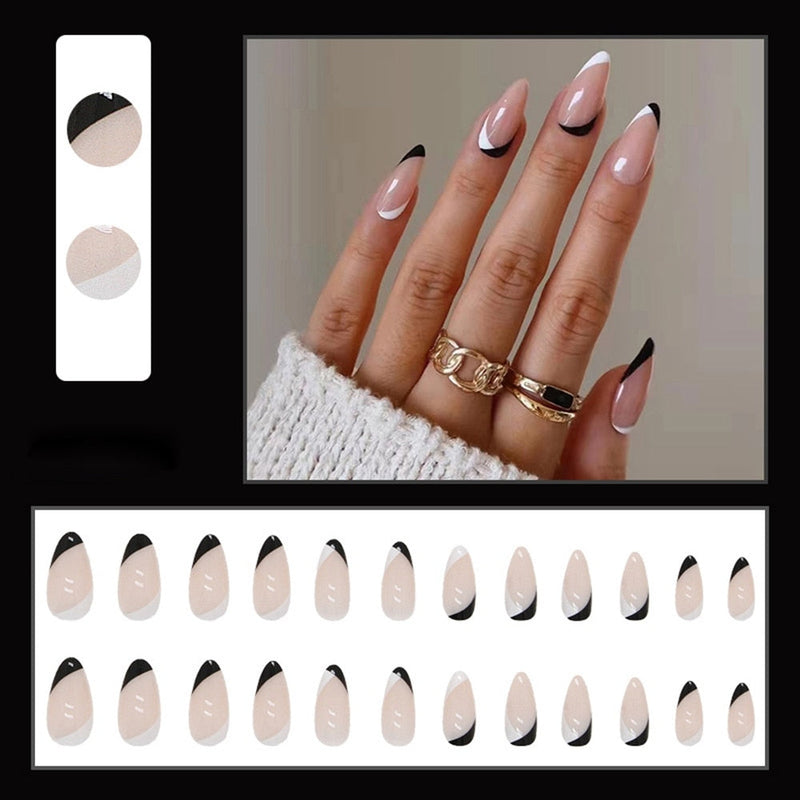 Simple French Wearable False Nails Almond Colorful Stripes Colorblock Design Manicure Fake Nails Line Full Cover Press On Nail 0 DaMina Store 8 