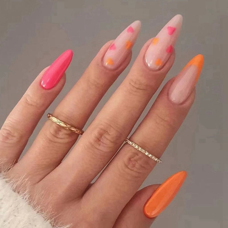 Simple French Wearable False Nails Almond Colorful Stripes Colorblock Design Manicure Fake Nails Line Full Cover Press On Nail 0 DaMina Store 