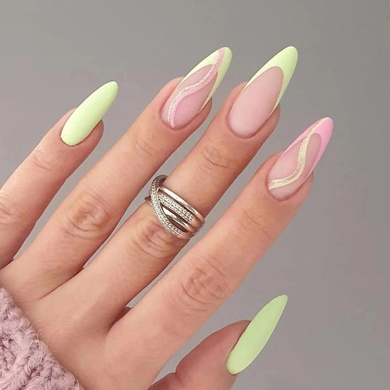 Simple French Wearable False Nails Almond Colorful Stripes Colorblock Design Manicure Fake Nails Line Full Cover Press On Nail 0 DaMina Store 