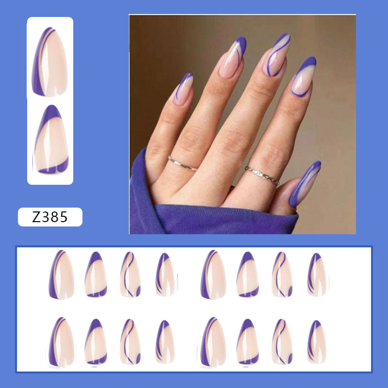 Simple French Wearable False Nails Almond Colorful Stripes Colorblock Design Manicure Fake Nails Line Full Cover Press On Nail 0 DaMina Store a10 