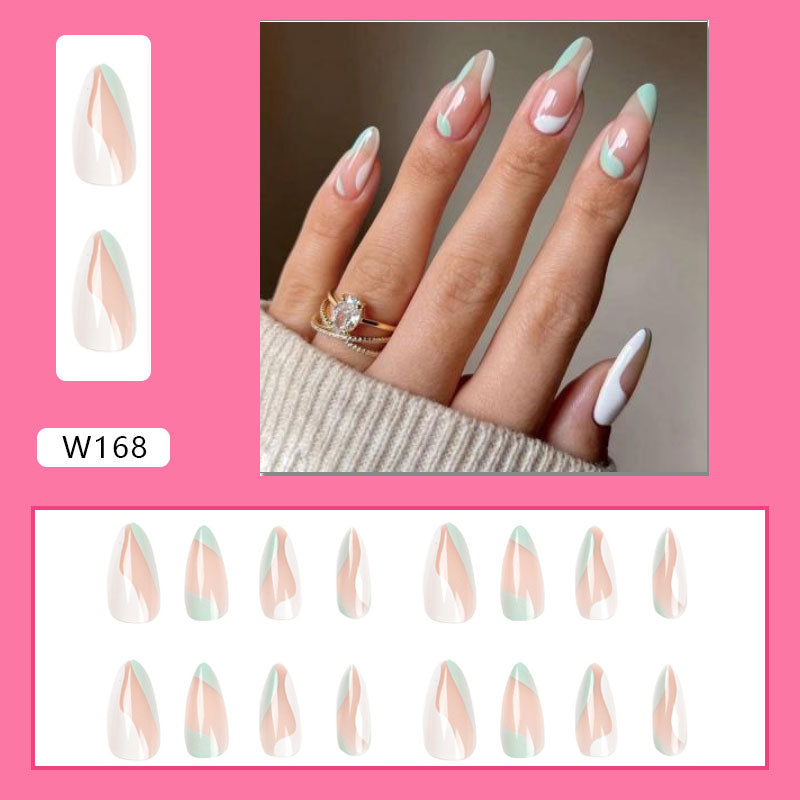 Simple French Wearable False Nails Almond Colorful Stripes Colorblock Design Manicure Fake Nails Line Full Cover Press On Nail 0 DaMina Store a11 