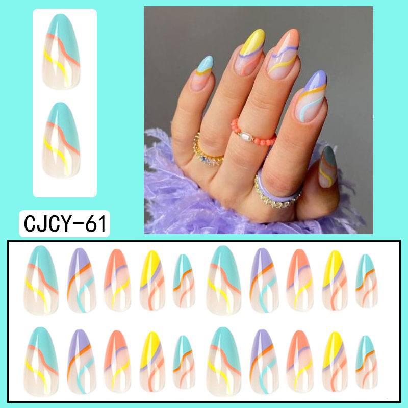 Simple French Wearable False Nails Almond Colorful Stripes Colorblock Design Manicure Fake Nails Line Full Cover Press On Nail 0 DaMina Store a5 